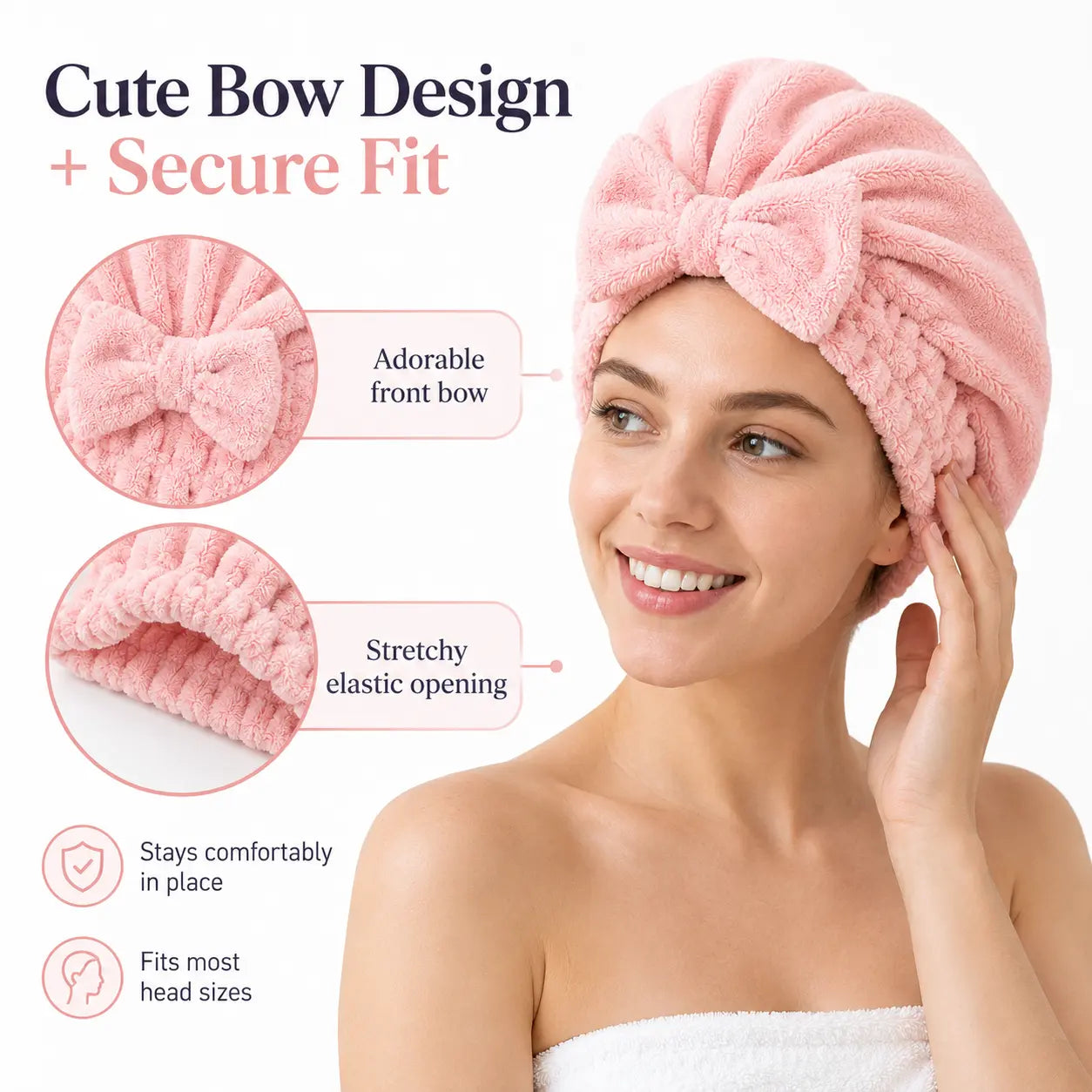 Women’s Bow Decor Shower Cap and Soft Absorbent Hair Towel Wrap Set