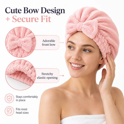 Women’s Bow Decor Shower Cap and Soft Absorbent Hair Towel Wrap Set