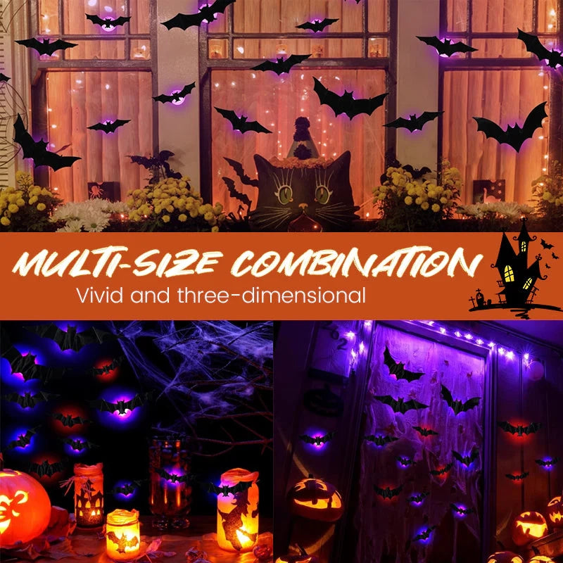 Different sized Halloween bat silhouettes in a window and porch display