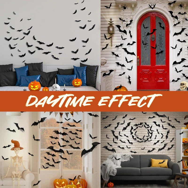 Halloween bat decorations creating a flying flock effect in daylight