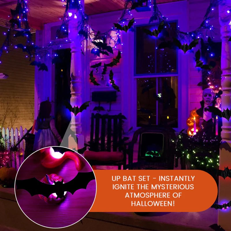 Purple illuminated bats decorating a Halloween porch at night