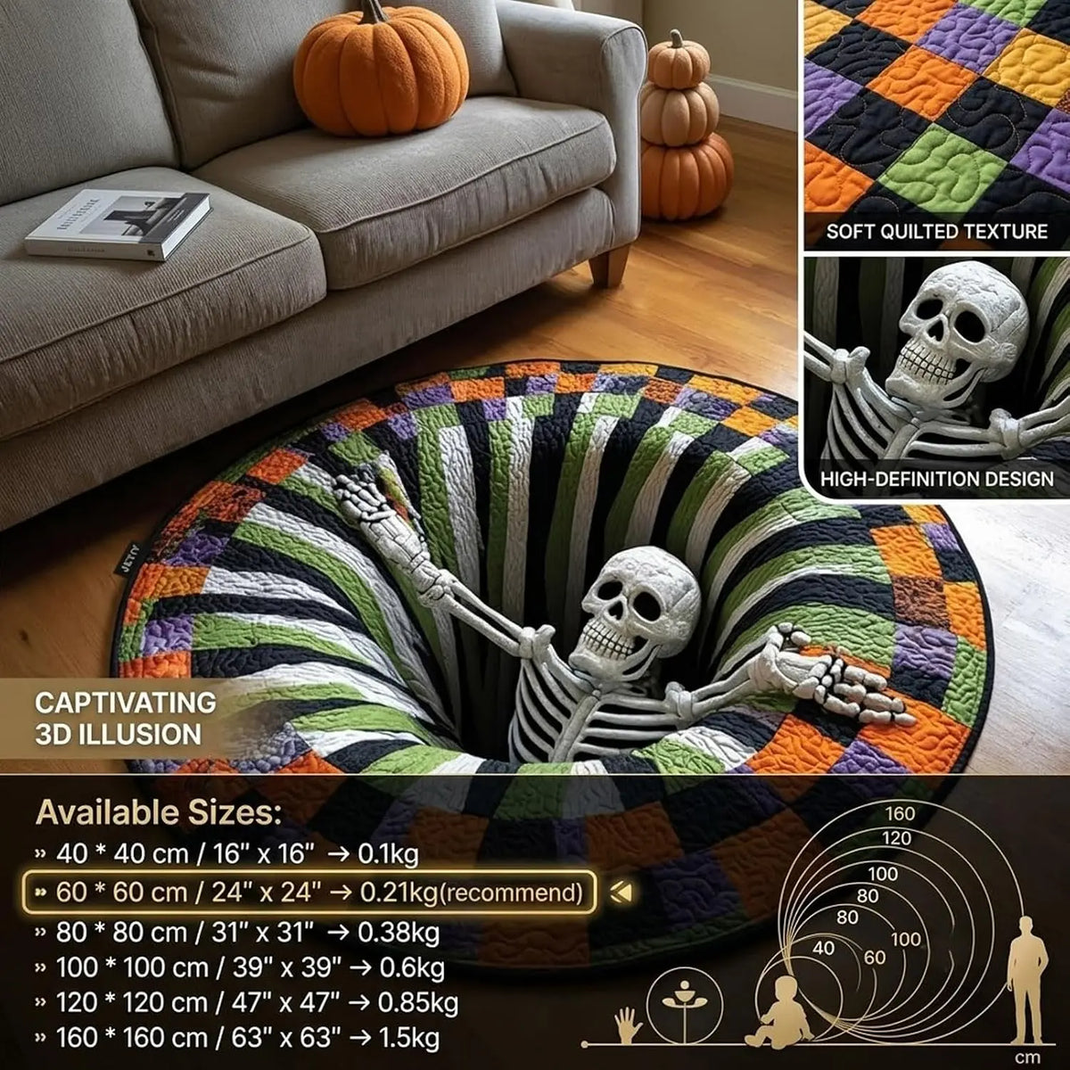 3D Skeleton Vortex Quilted Round Halloween Rug🎃