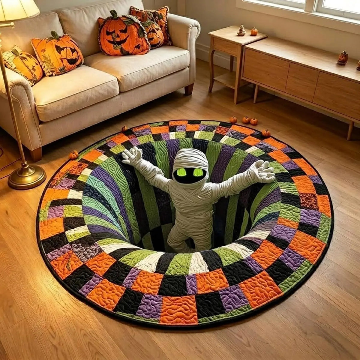 3D Skeleton Vortex Quilted Round Halloween Rug🎃