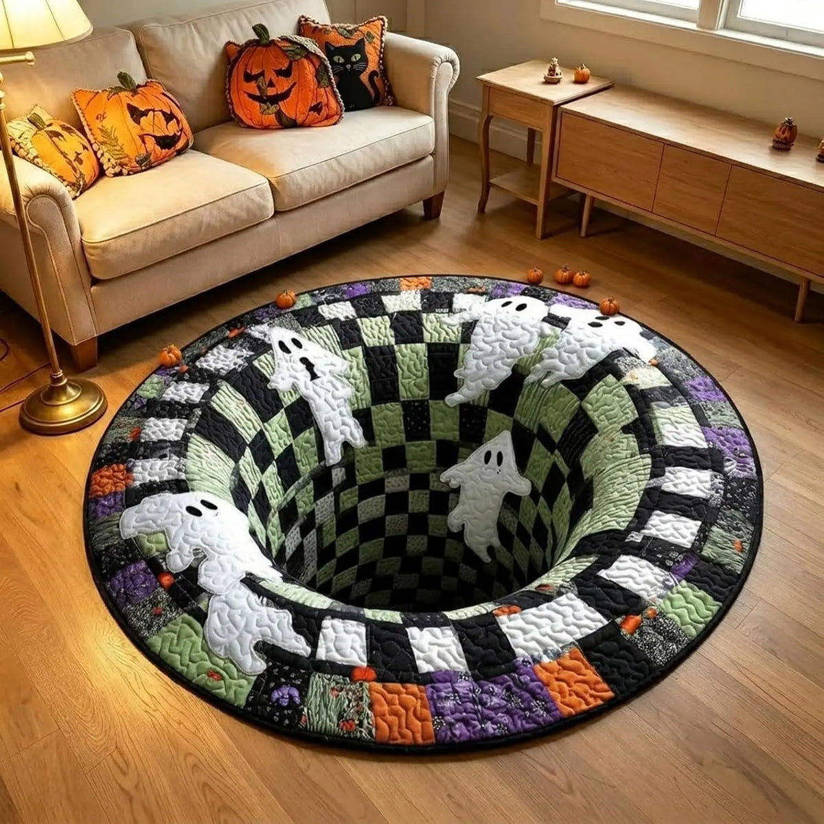3D Skeleton Vortex Quilted Round Halloween Rug🎃