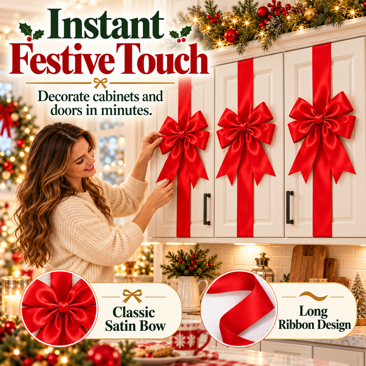 🎀CHRISTMAS BOW RIBBON DECORATION🎄- FESTIVE DOOR & CABINET DECOR FOR THE HOLIDAYS