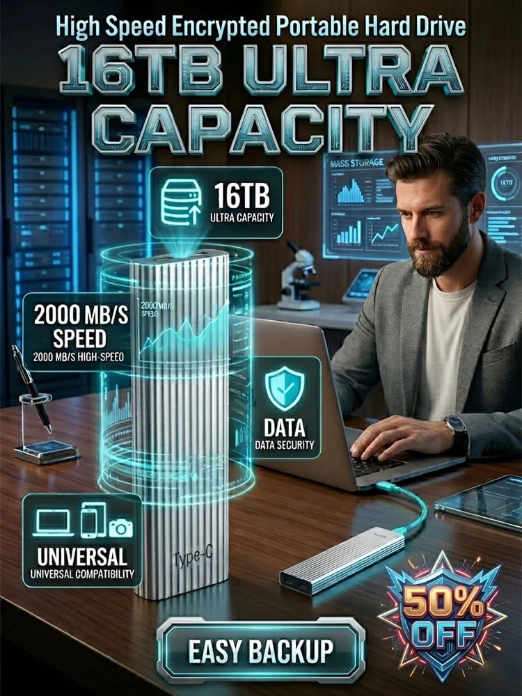 High Capacity Type-C Portable SSD, Compact External Storage for Laptops Phones Travel