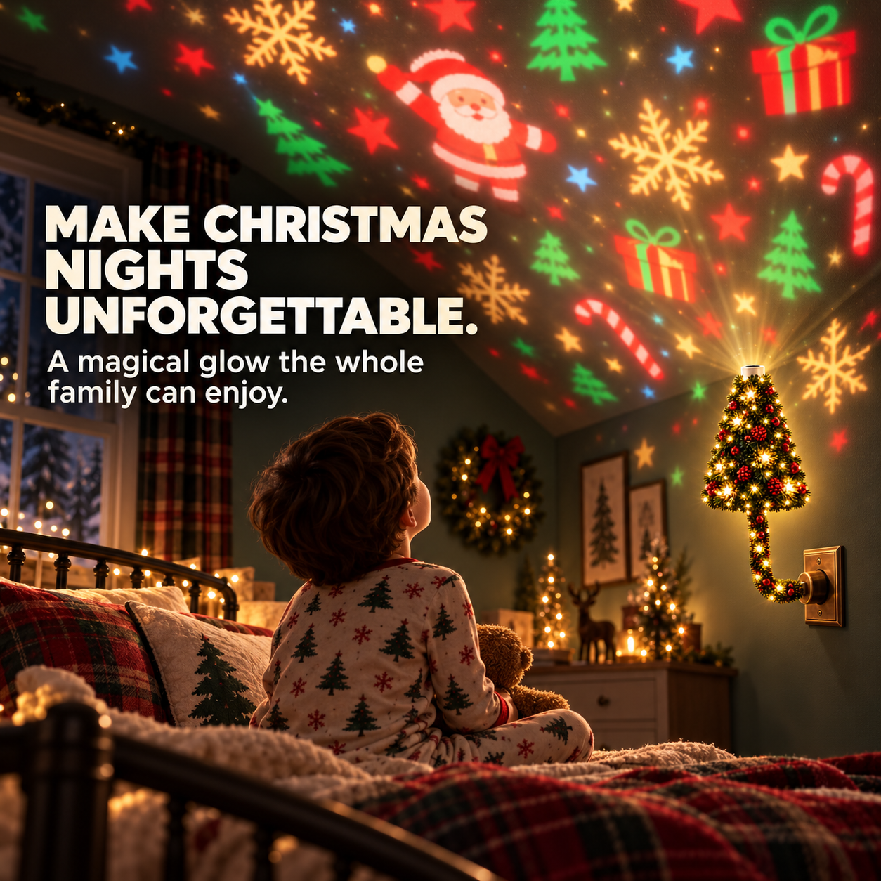 Child enjoying Christmas projection night light in a cozy bedroom