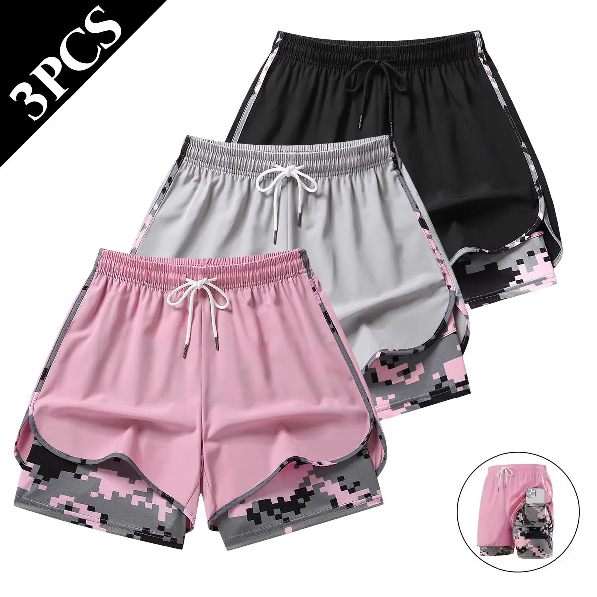 3 Pack Women Lightweight Double Layer Athletic Running Shorts for Summer Yoga Beach