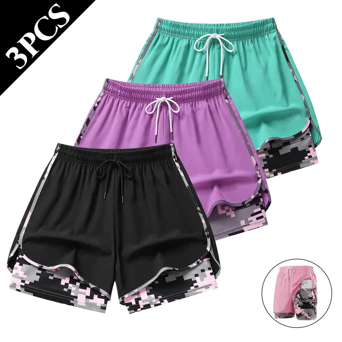 3 Pack Women Lightweight Double Layer Athletic Running Shorts for Summer Yoga Beach