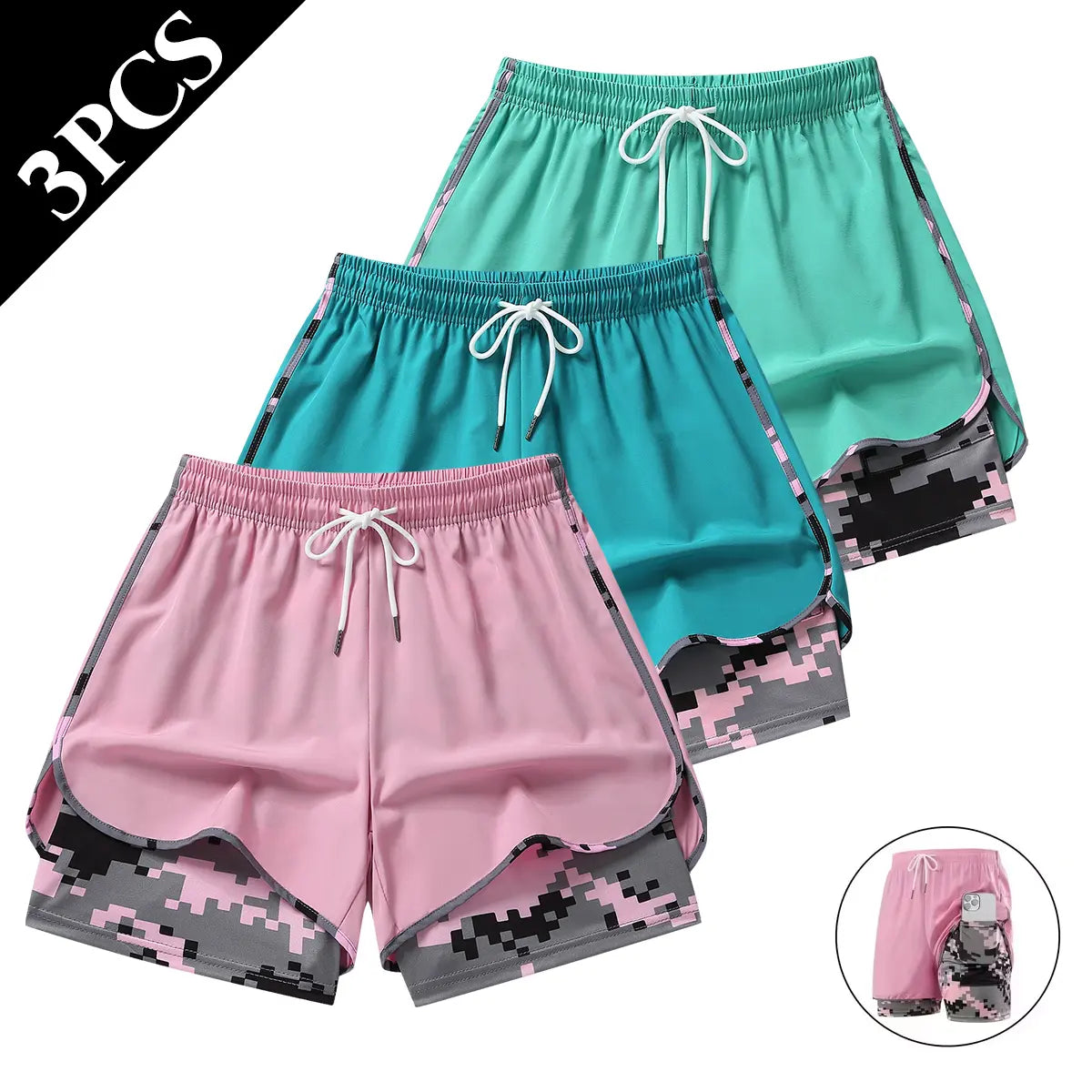 3 Pack Women Lightweight Double Layer Athletic Running Shorts for Summer Yoga Beach